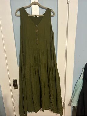Olive Green Sleeveless V-Neck Button-Front Maxi Dress